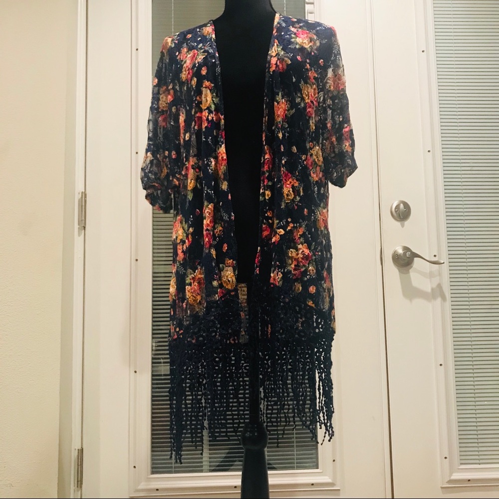 Sweet Rain Blue Floral Lace Kimono - Size Large